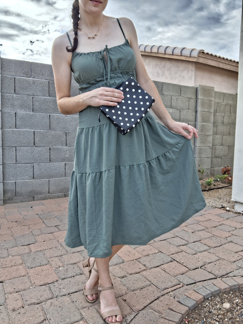 Women’s Olive Green Tiered Midi Skirt Dress - Monteau